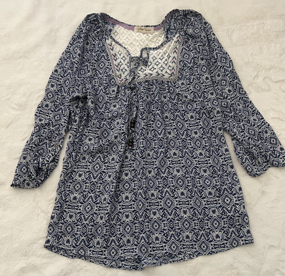 Rewind Womens M Blue White Boho Peasant Tunic Top Lace Yoke 3/4 Sleeve Blouse